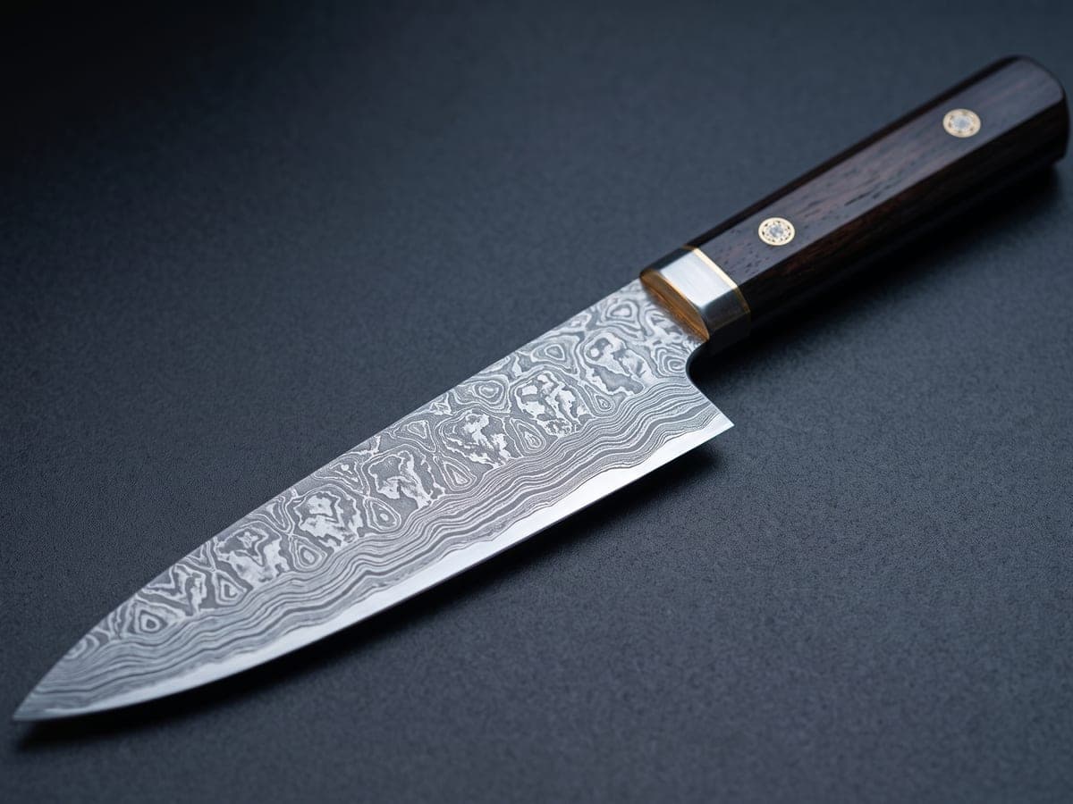 Macro of a razor-sharp chef's knife with a Damascus-pattern blade on a dark surface
